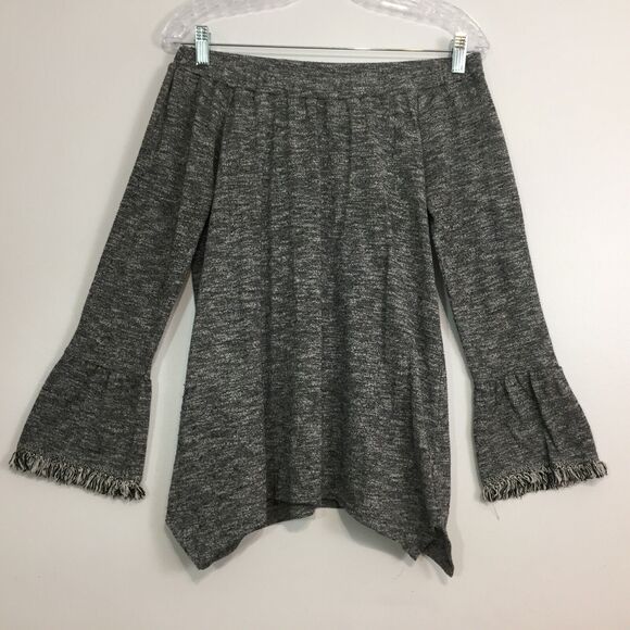 (M5) THML Womens Sweater Knit Top Size M Elastic Off Shoulder Frayed Bell Sleeve - Picture 1 of 6